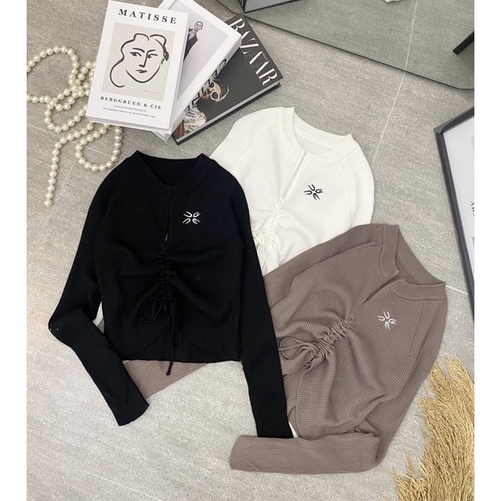 Áo croptop tay dài rút dây khoá kéo
