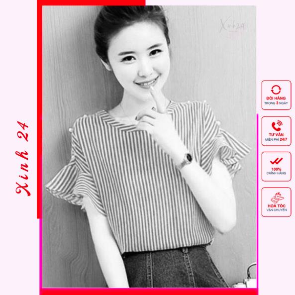 Áo Kiểu Nữ Tay Loe họa tiết kẻ sọc phong cách Hàn Quốc | BigBuy360 - bigbuy360.vn