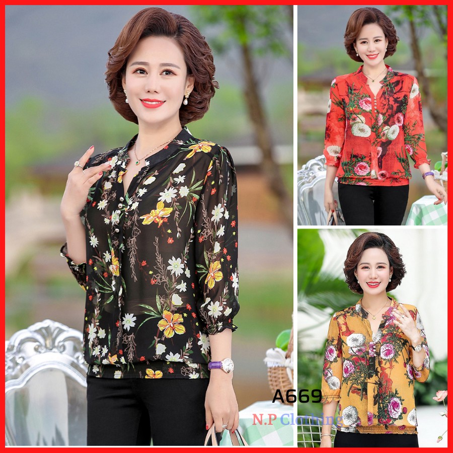 Áo Trung Niên A669, Mẫu Áo Sơ Mi Trung Niên Nữ Voan 2 Lớp Trang Nhã | Thời Trang Nữ Trung Tuổi U40