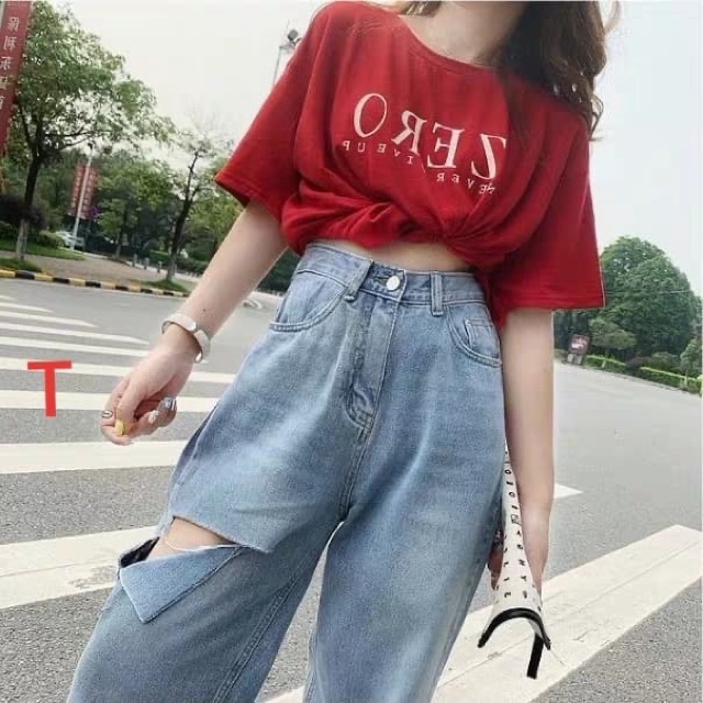 Quần bò ống rộng rách miếng to ở đùi TTK875