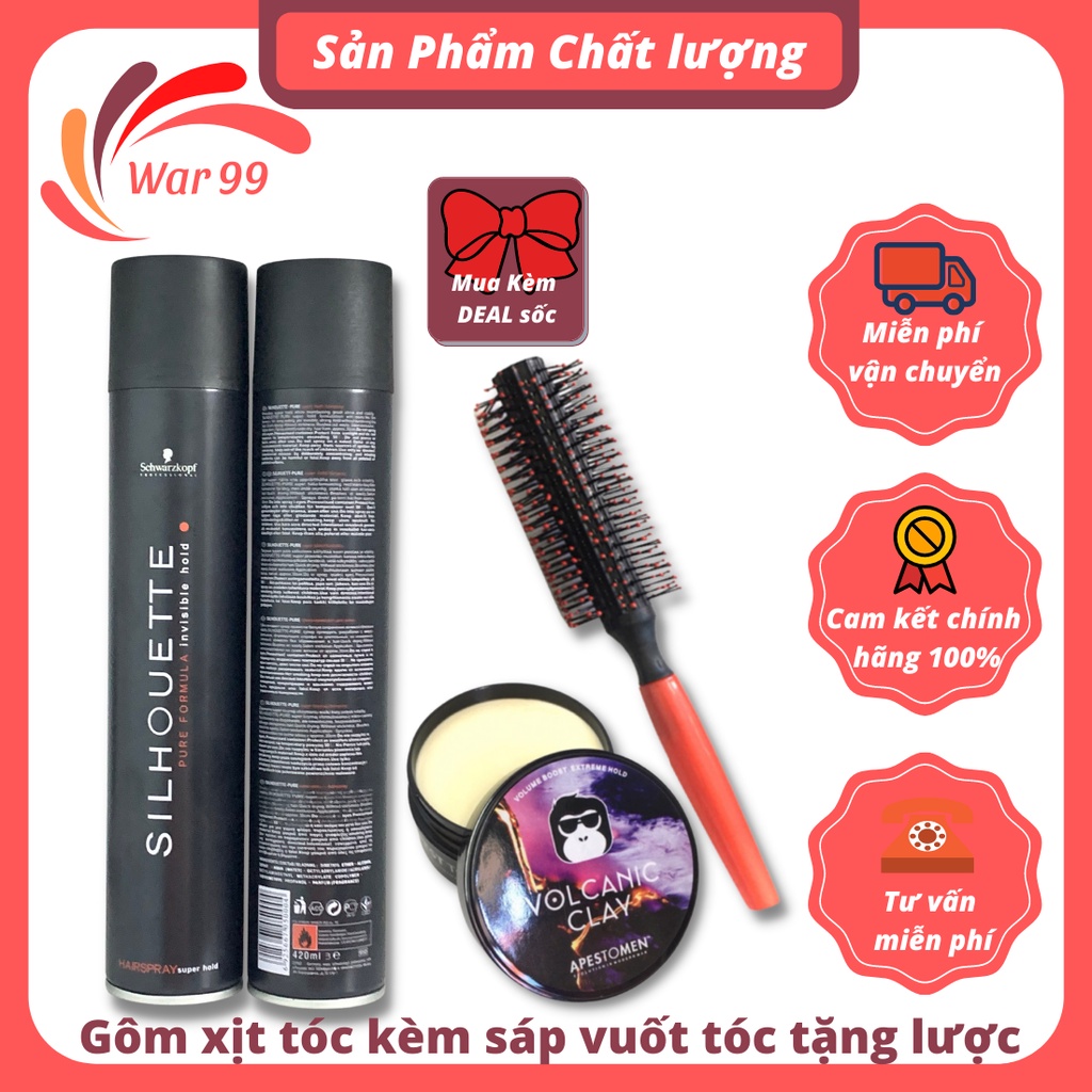 Combo Gôm xịt tóc nam tạo kiểu tóc chính hãng silhouette 420ml kèm sáp vuốt tóc VCN tặng lược