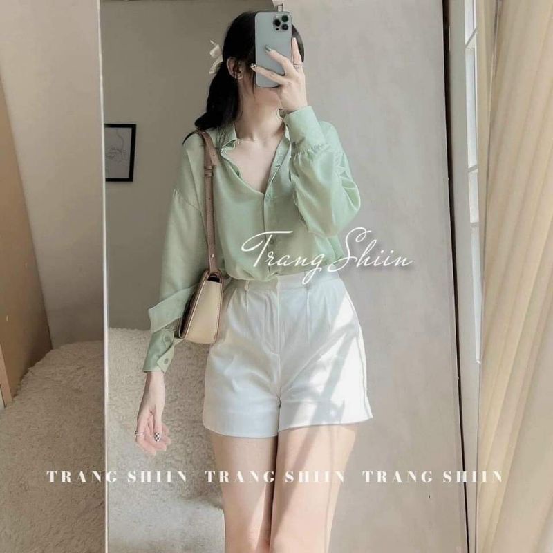 SET SƠ MI XANH BƠ NÚT LƯNG +  QUẦN SHORT TRẮNG