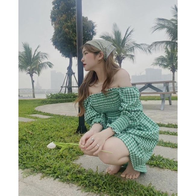 Váy Kẻ Chun Lưng Nơ Ngực Sexy Có Ảnh Thật Kèm Video