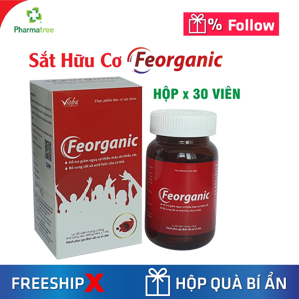 Sắt hữu cơ FEORGANIC Pharmatree 30 viên-Viên uống bổ sung sắt không gây táo bón, cải thiện tình trạng thiếu máu