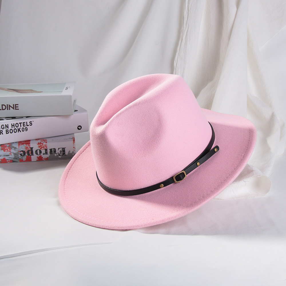 Mũ Fedora vải nỉ vành rộng đính khóa dây đai kiểu cao bồi vintage thời trang thu đông cho nam và nữ