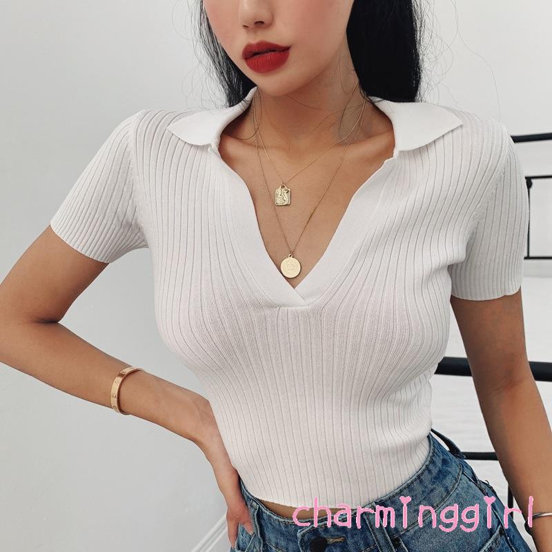 Áo Croptop Ngắn Tay Cổ Chữ V Màu Trơn Xinh Xắn Dành Cho Nữ