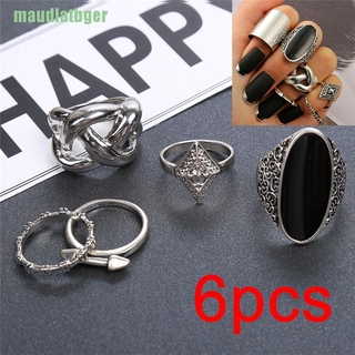 Set 6 Nhẫn Đốt Ngón Tay Đính Đá Pha Lê Đen Phong Cách Bohemian
