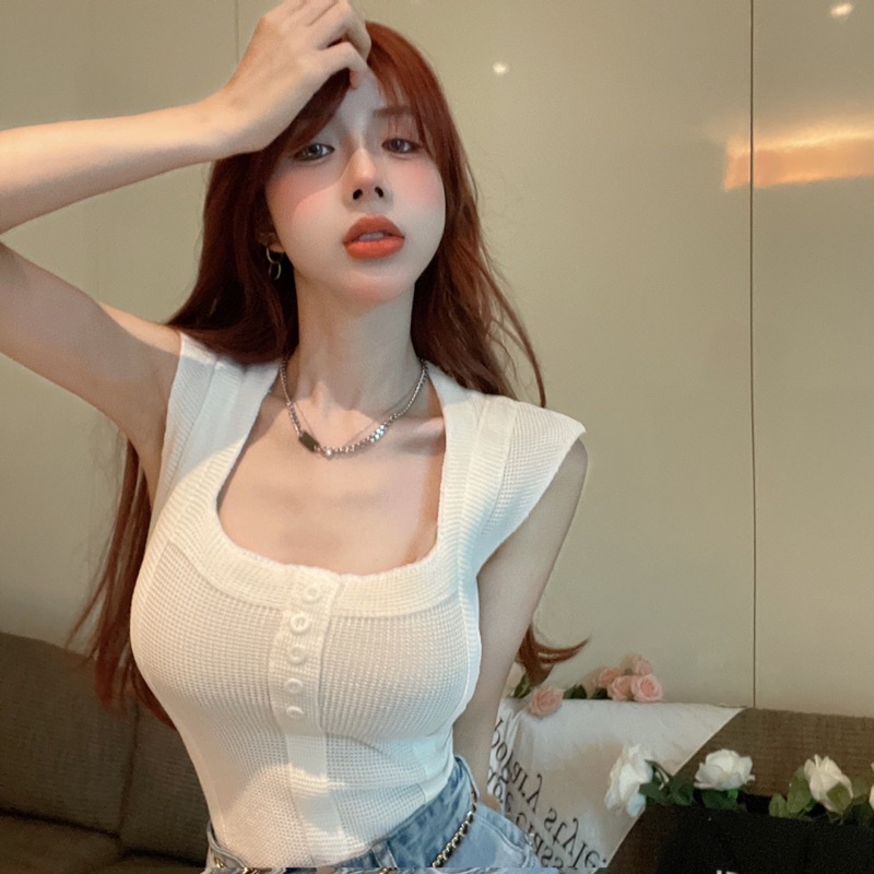 Áo len dệt kim cổ vuông tay hến