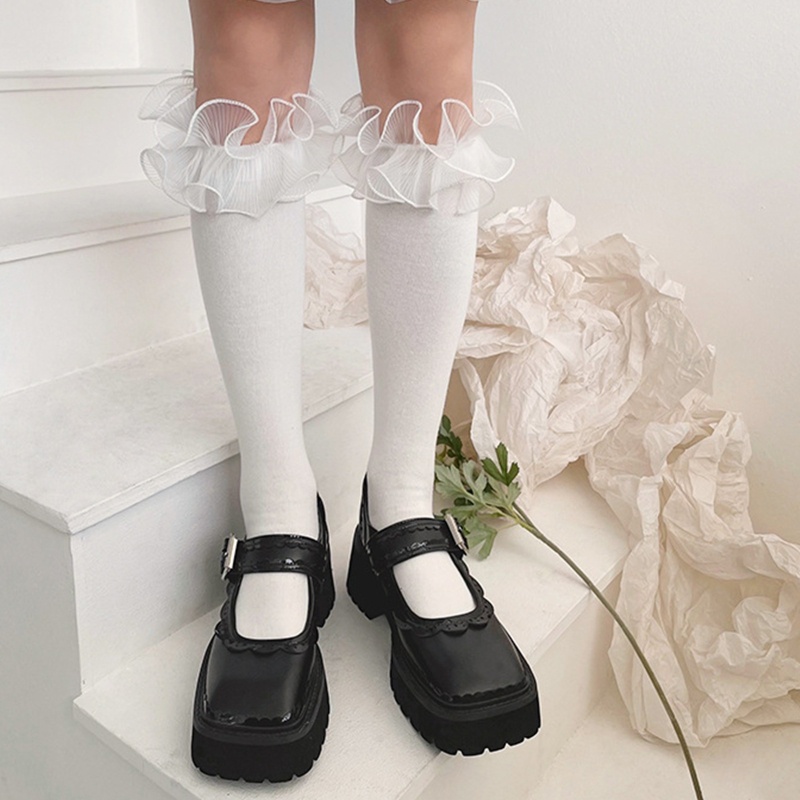 Youyo Vớ Cotton Cổ Cao Phối Ren Bèo Nhún Màu Trơn Phong Cách Lolita Ngọt Ngào Thanh Lịch Cho Nữ