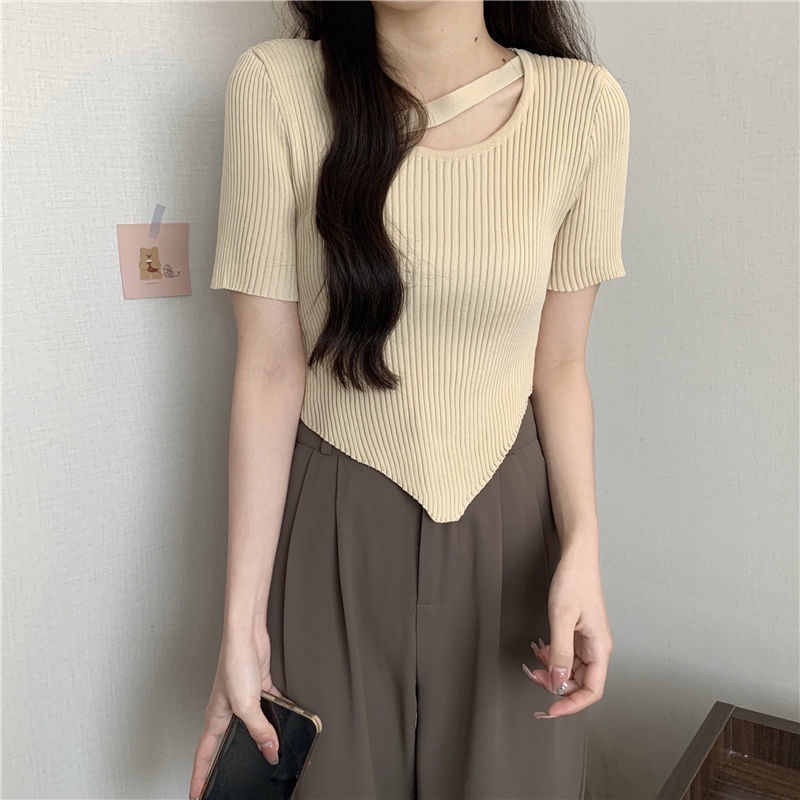Áo Thun Ngắn Tay Cổ Tròn Màu Sắc Đơn Giản Cho Nữ