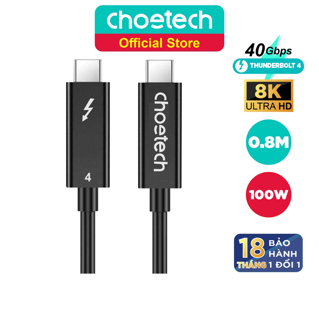 Dây Cáp Thunderbolt 4 Chuẩn Intel CHOETECH A3010-BK Dài 0.8M, 40Gbps, Sạc PD 100W, 8K 60Hz, 5K 60Hz, 4K 60Hz Kép