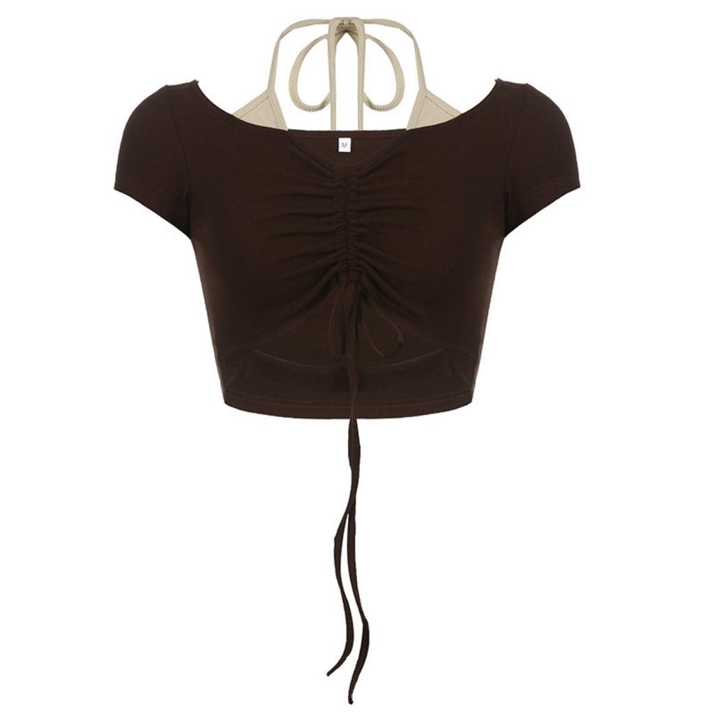 Áo croptop nữ ngắn tay cố giả yếm phối rút dây trước ngực Xquin, Áo kiểu nữ ôm body khoét eo cực sexy