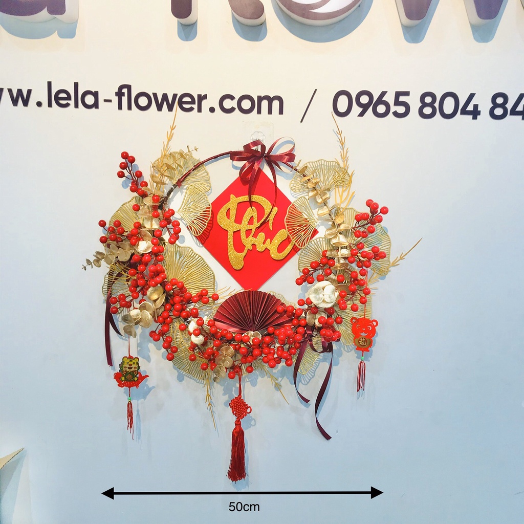 Vòng nguyệt quế đào đông treo tường, decor chụp ảnh, vòng hoa đào đông đã kết sẵn size 50cm ảnh thật Lela Flower VNQ0002