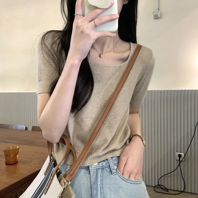 Áo Dệt Kim Ngắn Tay Cổ Vuông Màu Trơn Đa Năng Phong Cách Hàn Quốc Thời Trang Xuân Hè