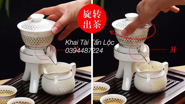 Bộ ấm trà cối xay gốm sứ thấu quang hoa mẫu đơn xanh