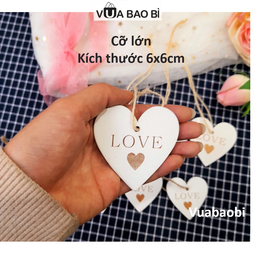 Tag gỗ trái tim khắc chữ love có dây treo trang trí, khuy gỗ, miếng gỗ trái tim DIY