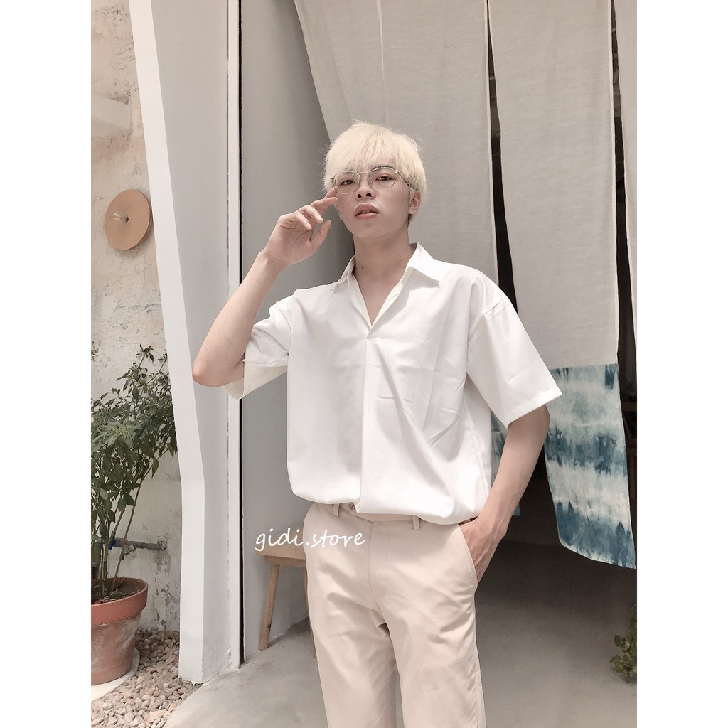 Áo sơ mi KHÔNG NÚT tay lỡ Nam Nữ Unisex - sơ mi ngắn tay phong cách Hàn Quốc vải lụa không nhăn, cực mát