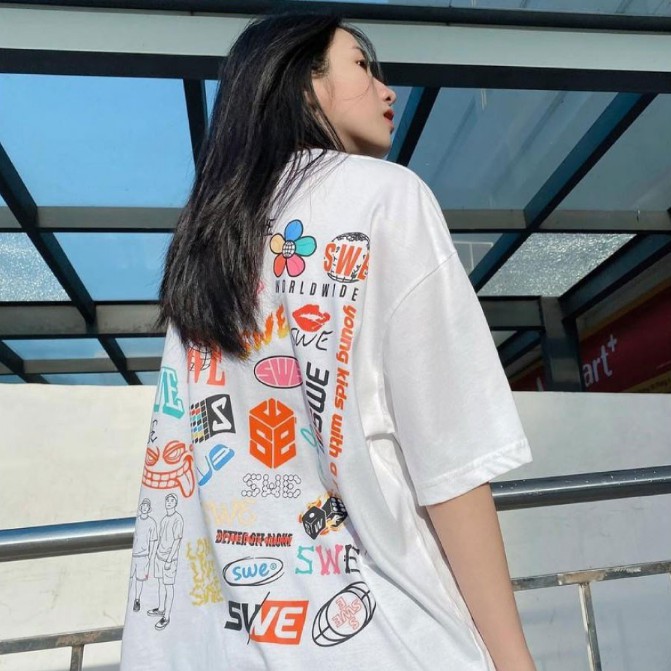 Áo Phông Unisex S.WE Logos Tay Lỡ Form Rộng - Áo Thun Unisex Chất Liệu Cotton 2 Màu Đen Trắng Logos S.WE