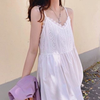 Sẵn Váy hai dây, đầm 2 dây trắng chân ren dáng dài babydoll kèm ảnh thật