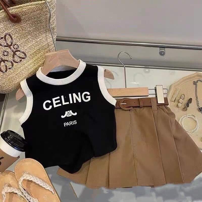 Váy bé gái - Set áo Celing đen mix chân váy nâu siêu xinh cho bé gái 1 - 8 Tuổi (Tặng Kèm Thắt Lưng)