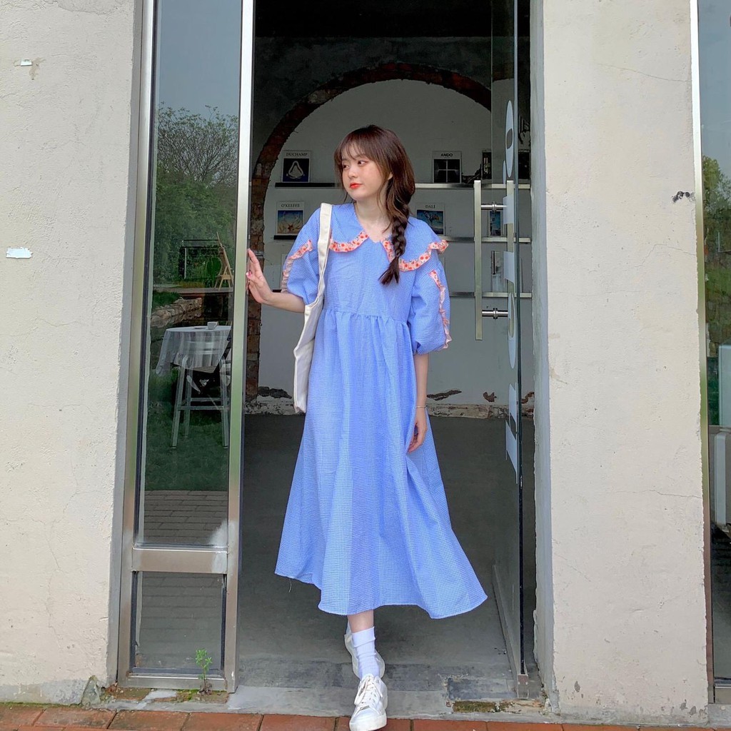 Đầm  caro cổ tiểu thư babydoll Korea