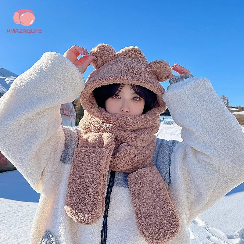 Japanese Style Cartoon Bear Ear Hat Scarf Gloves Windproof Set/ Plush Warm Simulated Lambswool Beanie Cap/ INS Style Winter Thickened Ear Protection One-piece Cap for Women