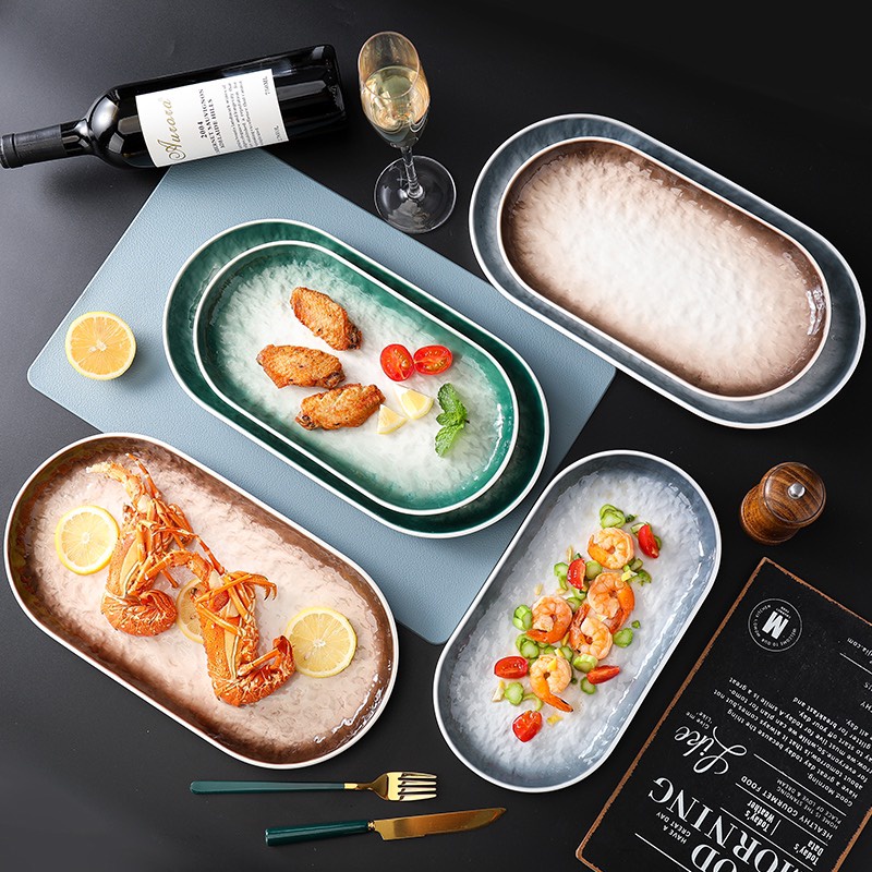 Đĩa sứ đài đựng cá, đĩa oval/bầu dục vân đá chống xước phong cách Bắc Âu - Đĩa Sứ cao cấp không chì