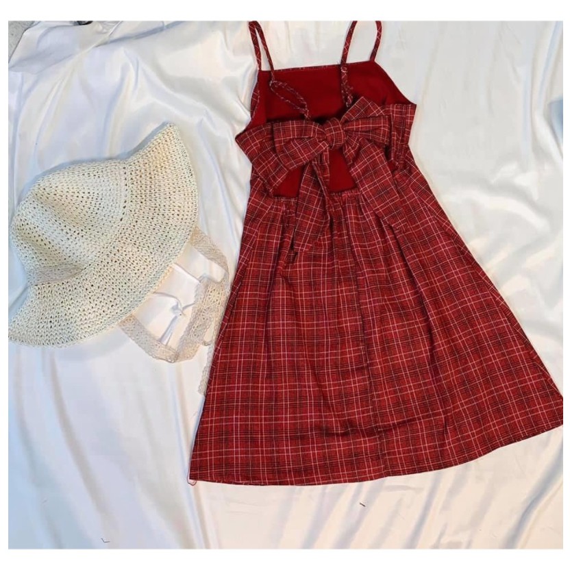 Đầm 2 dây hở lưng kẻ đỏ ❤️FREESHIP❤️ Váy đi biển đẹp