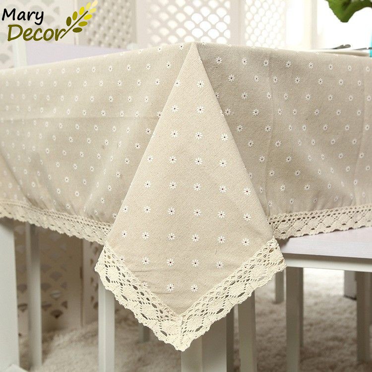 Khăn trải bàn tròn, chữ nhật, oval vải bố linen trang trí nhà cửa giá tốt - Hoa cúc trắng KB-I02