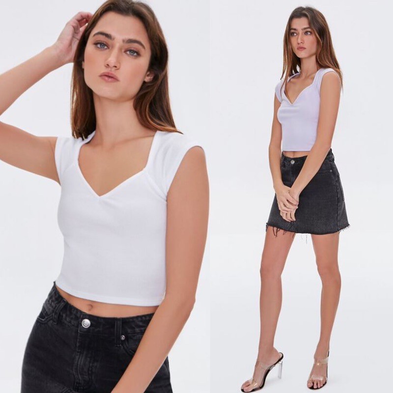 Áo Croptop Cổ Tim Chất Thun Gân Dày Dặn F21