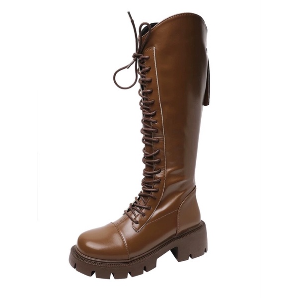 Boots martin nữ cổ V cao dưới đầu gối đan dây da mềm ôm chân đế răng cưa cao 5cm có khoá kéo