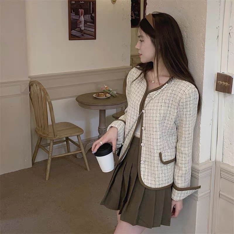 Sét dạ nữ phối viền cúc ngọc + chân váy xếp ly kèm ảnh thật - hàng có sẵn