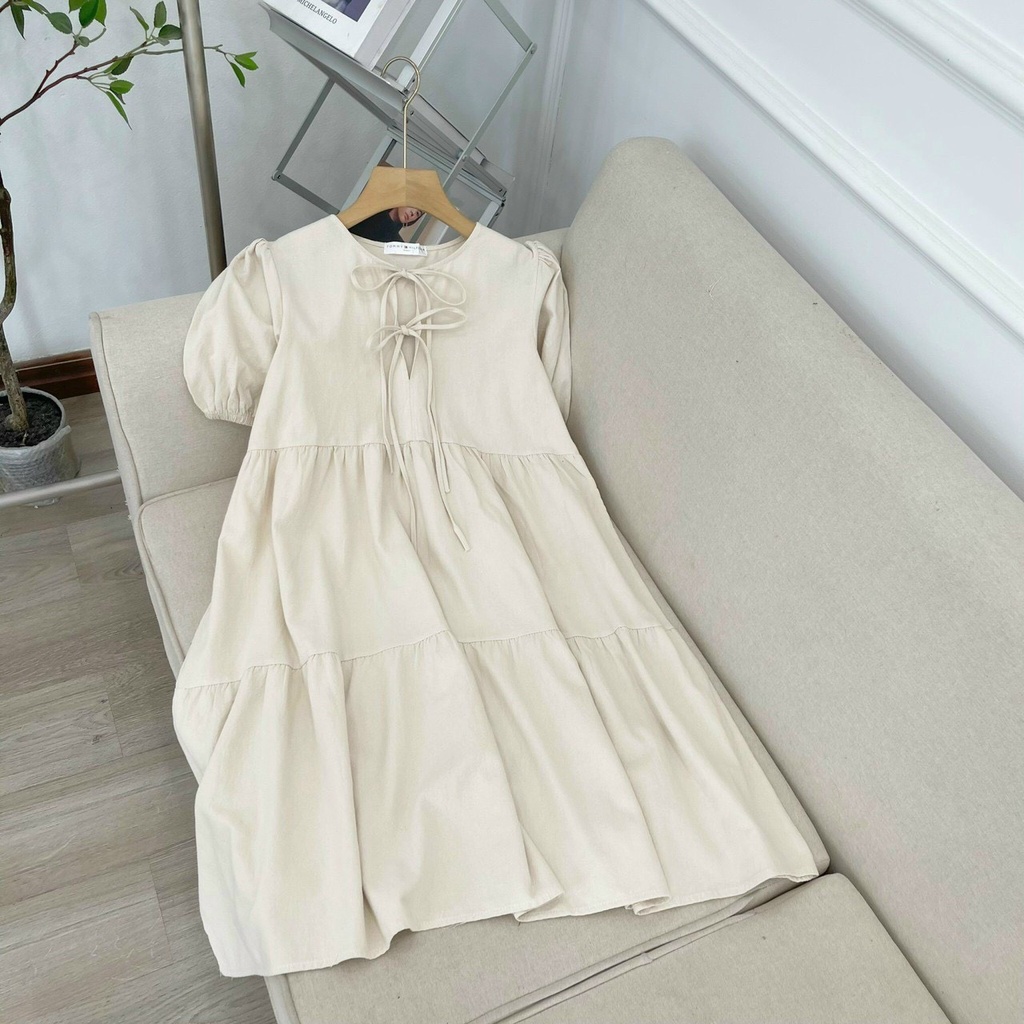 Váy babydoll nơ ngực Tira House đầm tiểu thư chất đũi tơ thoáng mát TRH