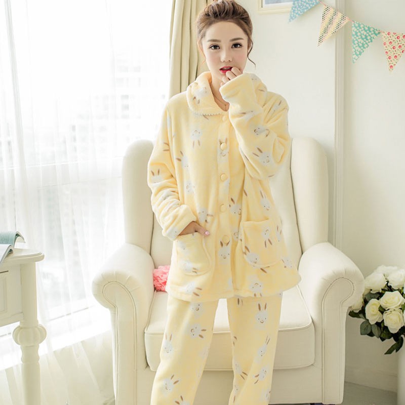 🔥Pro Pro Pro🔥Bộ đồ ngủ vải Flannel phối lông cừu dày kiểu Hàn Quốc thời trang mùa đông cho nữ