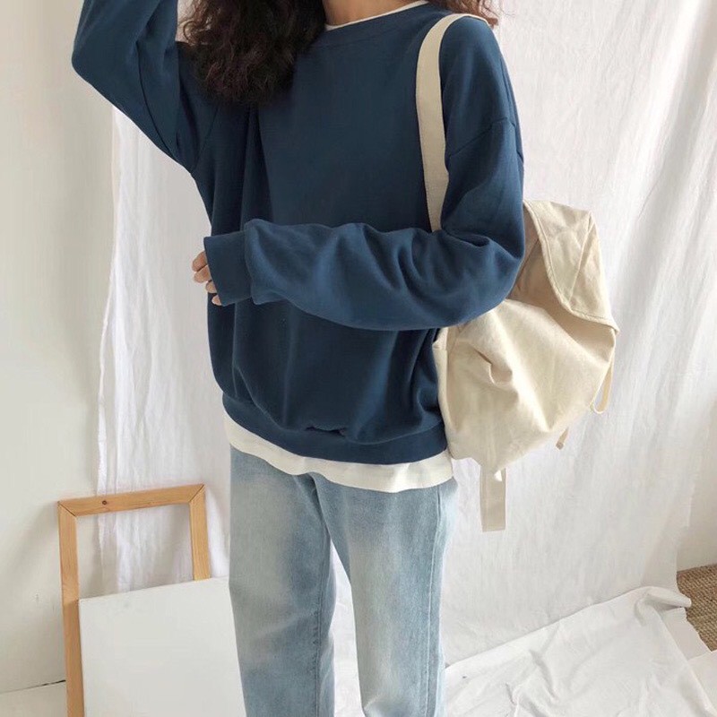 Áo Sweater Cổ Tròn NAM Nữ Màu Xanh Dương Đậm Chất Vải Nỉ Poly Hàng Freesize 1 Cỡ Form Dáng Rộng Dưới 65kg Mặc Vừa(TRƠN) | BigBuy360 - bigbuy360.vn