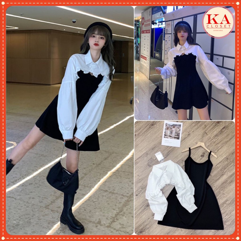 Set váy nửa sơ mi KA Closet gồm váy và áo croptop sơ mi, váy chất umi, áo chất von lụa mềm, mịn, mặc được 2 kiểu