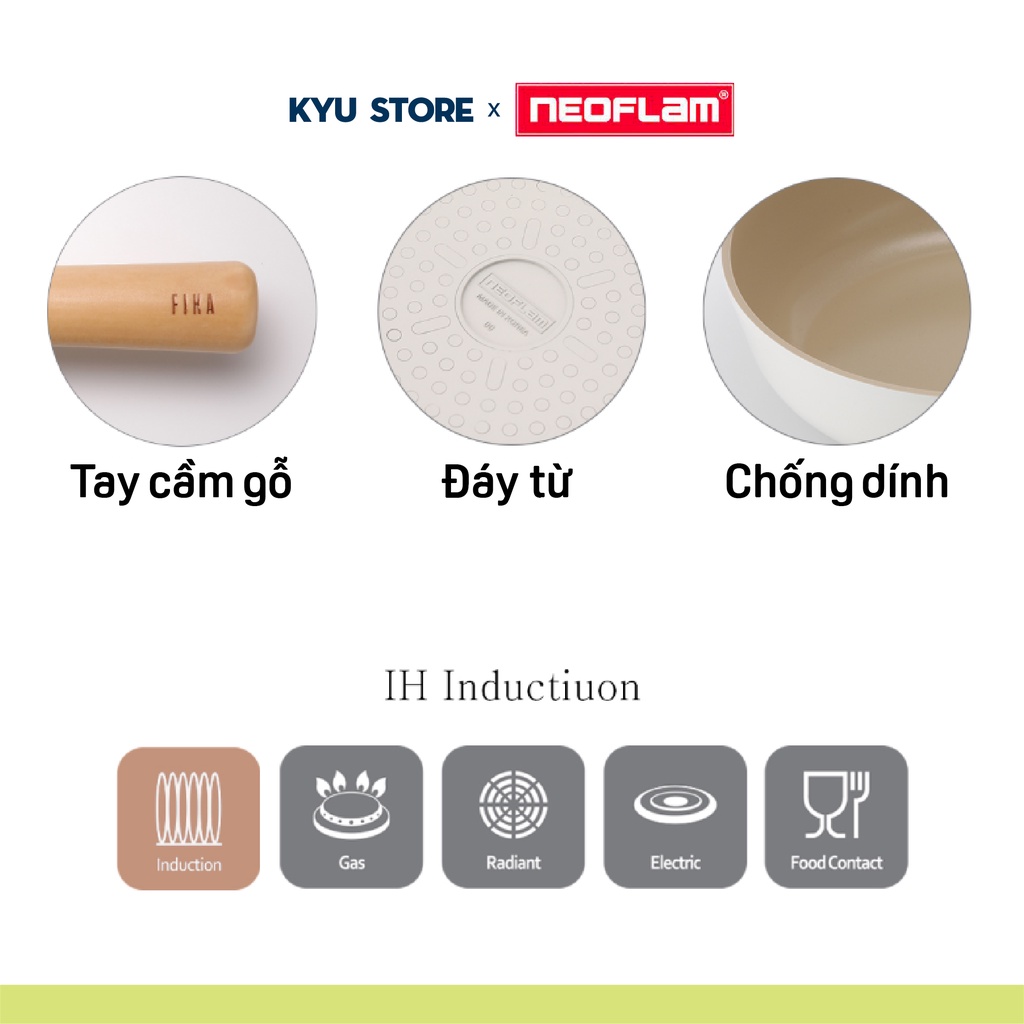 [Hàng chính hãng] Nồi chống dính đáy từ FIKA NEOFLAM làm từ nhôm đúc phủ gốm nồi quánh 16cm có miệng Hàn Quốc (màu trắng ngà)