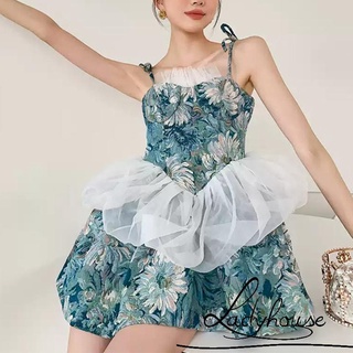 Ldd-nữ Đầm Vintage Tranh Sơn Dầu In Hoa Lưới Tôn Tạo Dây Buộc Đôi Đầm Thanh Lịch