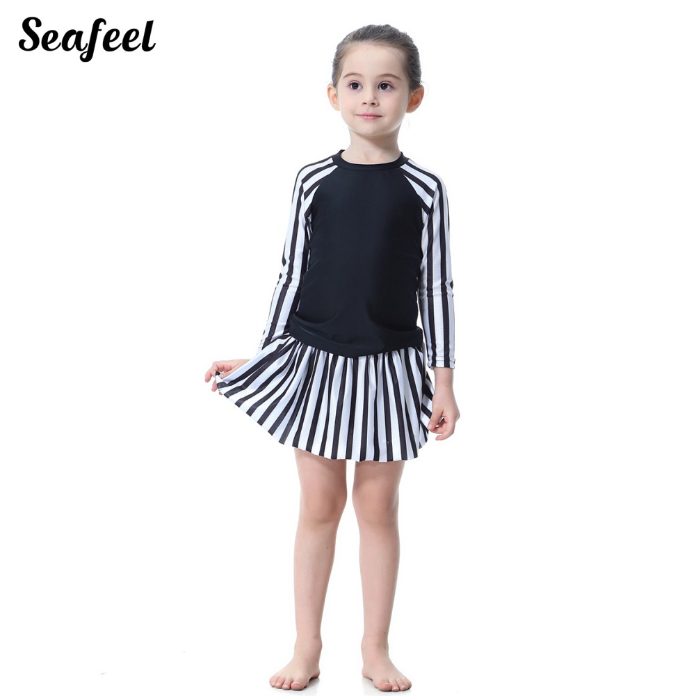 Set Đồ Bơi Áo Tay Dài + Chân Váy + Nón Đáng Yêu Cho Bé Gái