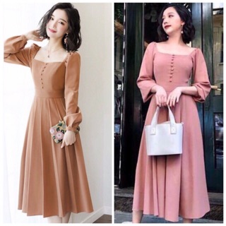 Đầm midi, váy dạo phố tay dài cổ vuông 2 màu (kèm hình thật)