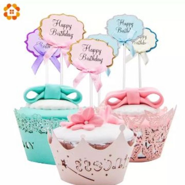 Bộ 5 Topper HPBD Đính Nơ và Topper trống để Ghi nội dung