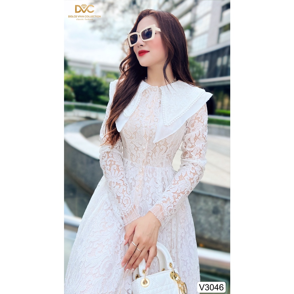 Váy ren trắng dài tay cổ lá dáng xoè tiểu thư sang chảnh đi tiệc đi chơi V3046- DVC