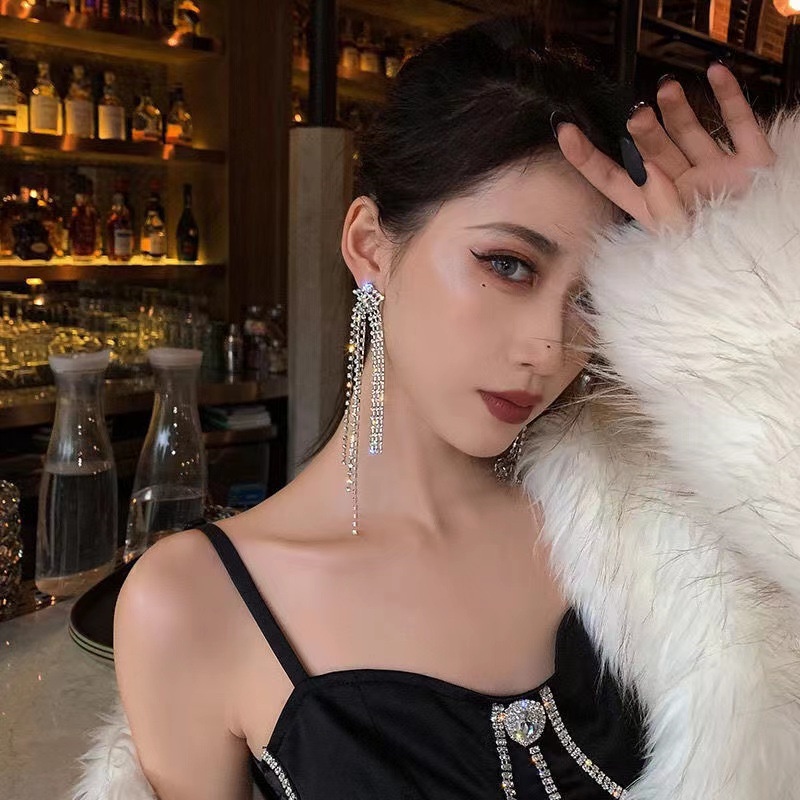 Bông Tai Mạ Bạc 925 Dáng Dài Đính Đá Phối Tua Rua Phong Cách Âu Mỹ