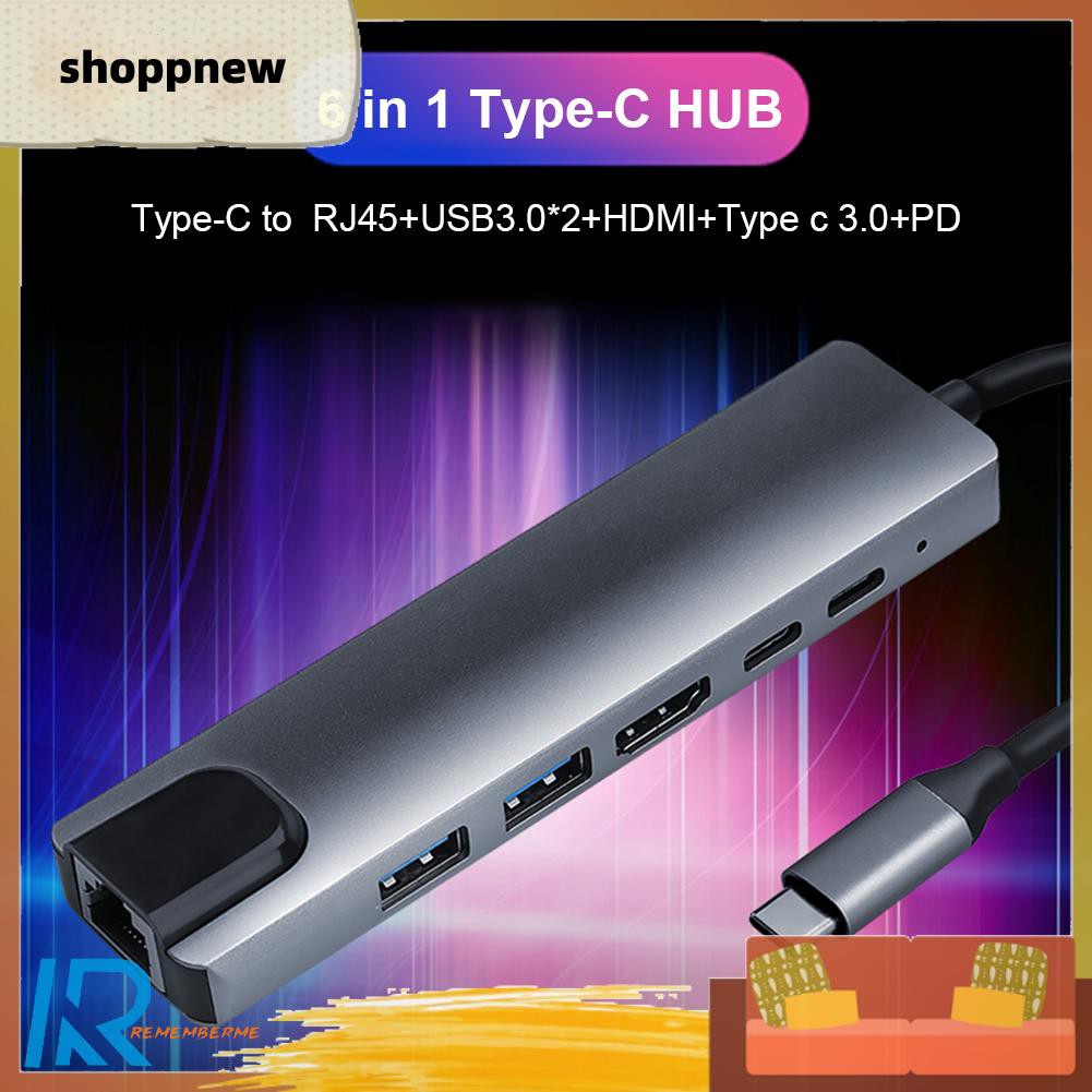 Shoppnew 6 in 1 USB C HUB 2 USB 3.0 4K HDMI-compatible Type-C 100W PD RJ45 Adapter for Laptop 