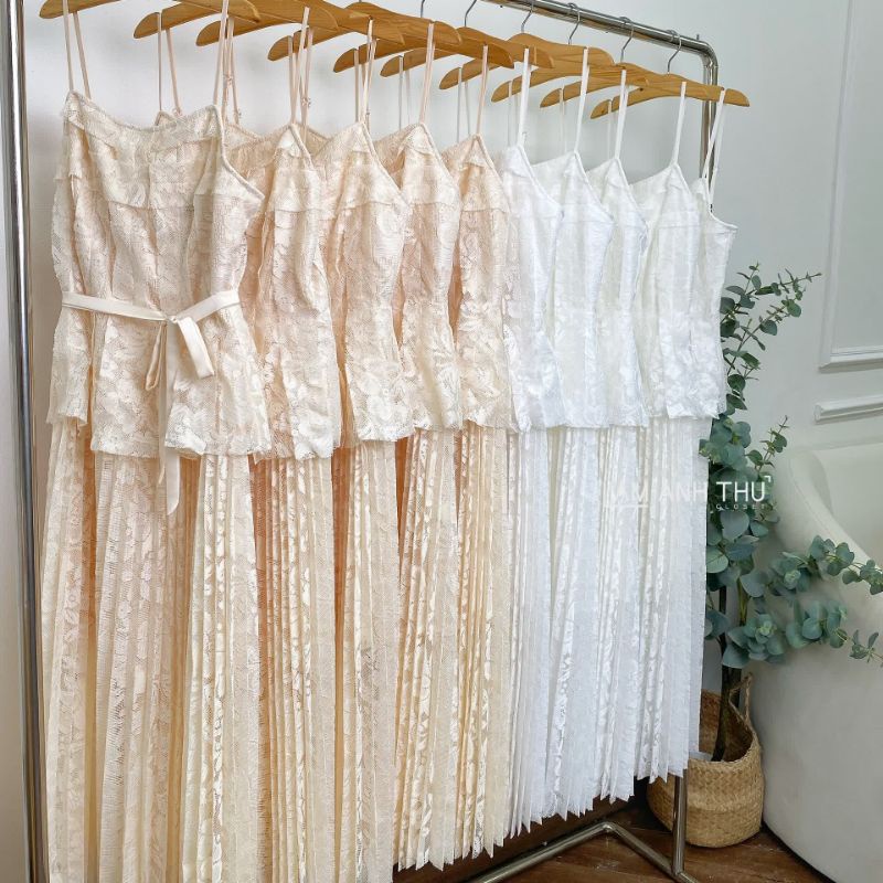 Váy ren 2 dây liền thắt đai ✨✨ Váy ren xếp ly 2 tầng sang trọng đi tiệc, đi chơi