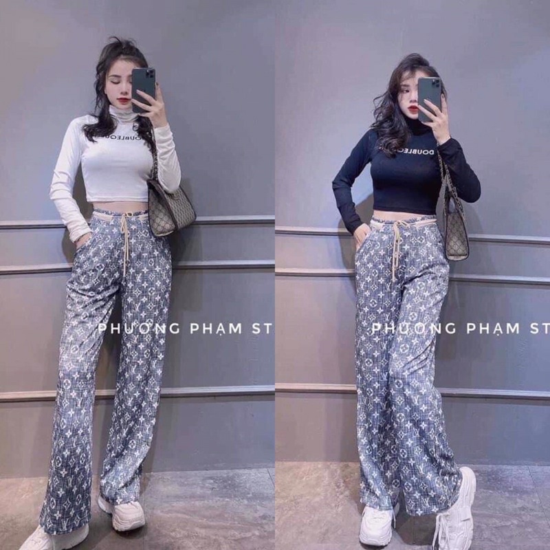 Set áo crop thun cổ lọ in chữ tay dài + quần suông hoạ tiết LV