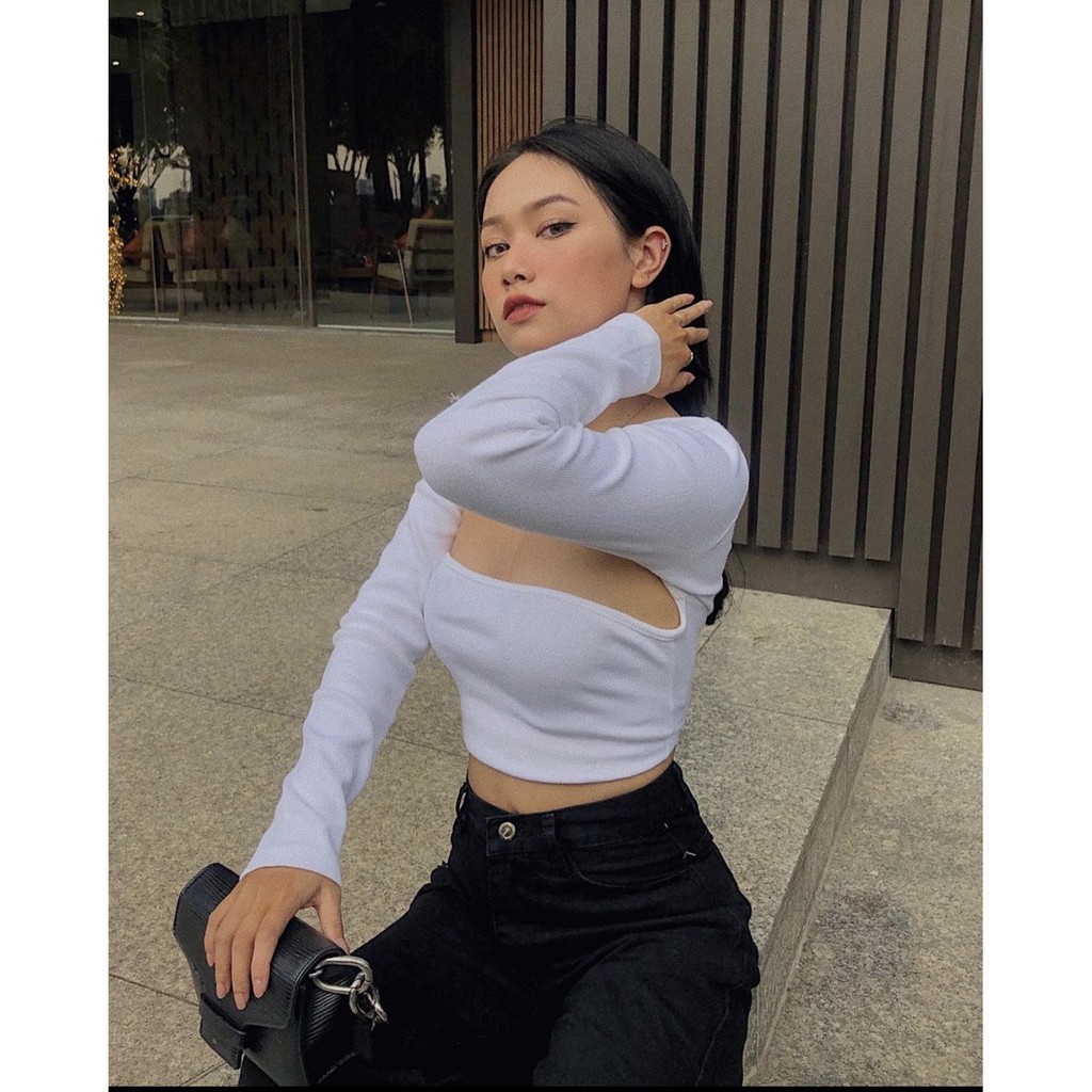 Áo Croptop Dài Tay Khoét Vai ⚡ Casper.Store | FREESHIP | ⚡ Áo thun hở bụng dáng ôm body sexy hở cổ gợi cảm màu trắng