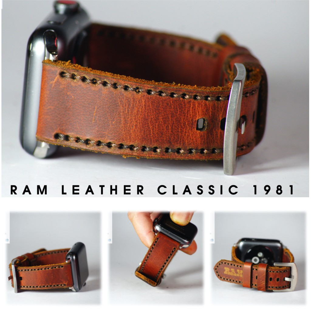 Dây apple watch da bò nâu mận handmade bền chắc cực đẹp RAM Leather classic 1981 - tặng khóa chốt và adapter