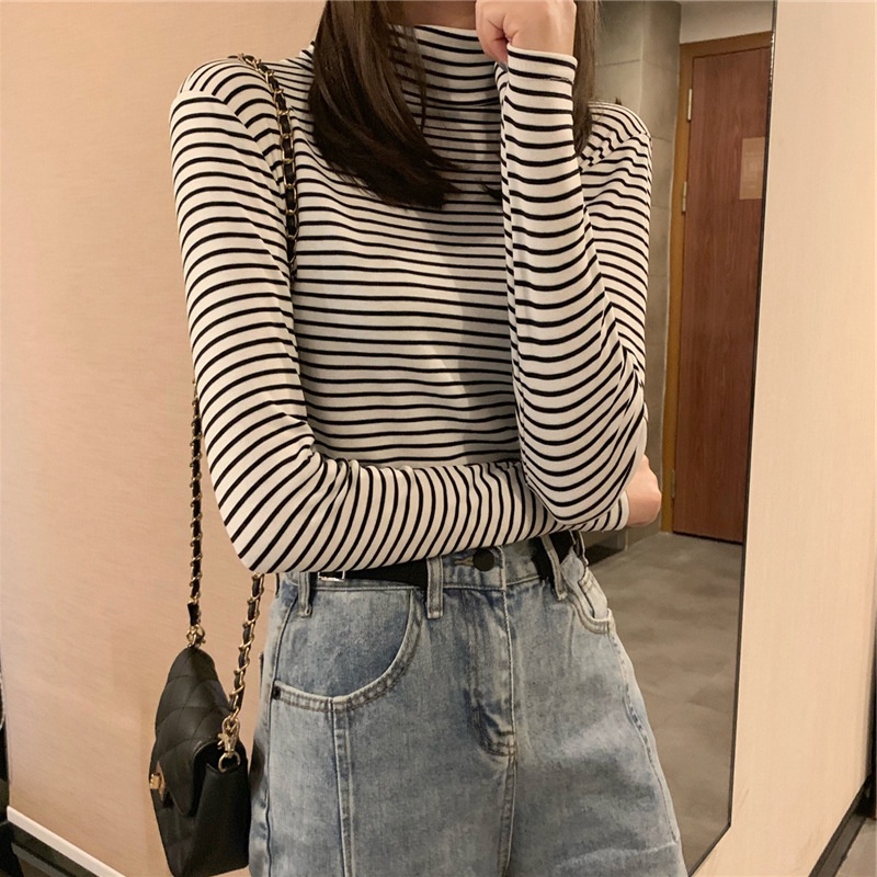 Áo thun IELGY tay dài cổ cao họa tiết kẻ sọc thời trang mới cho nữ
