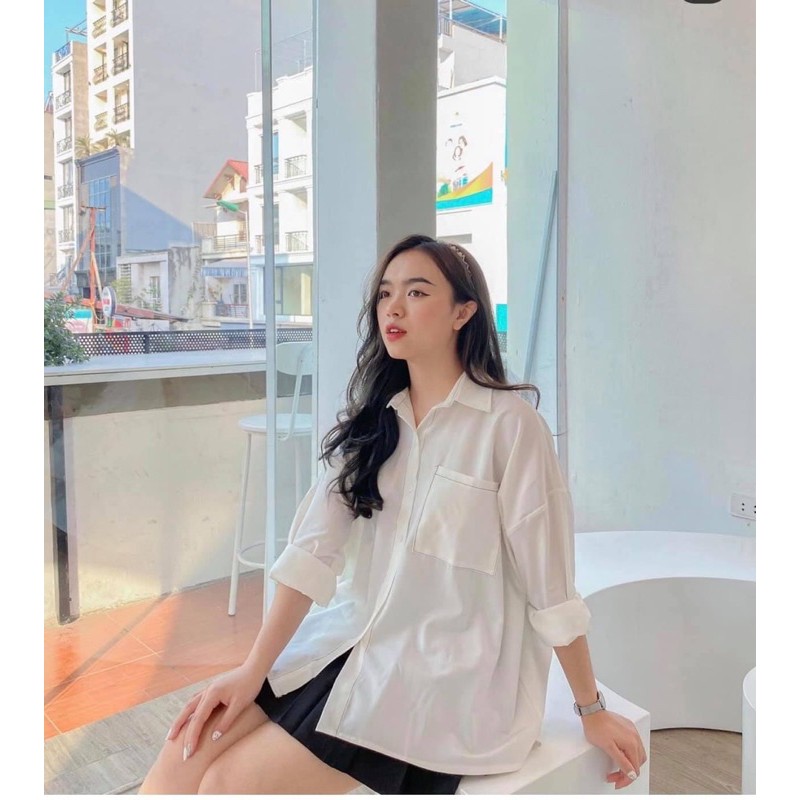 Áo Sơ Mi Form Rộng Viền Chỉ Nổi Lệch Tà Chất Lụa Mịn Như Da Mặt Sau Khi Cà App Ulike (ẢNH THẬT+VIDEO)